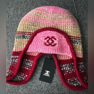 CHANEL Multicolor Knit Hat with ear covers unisex new burgundy pink beige